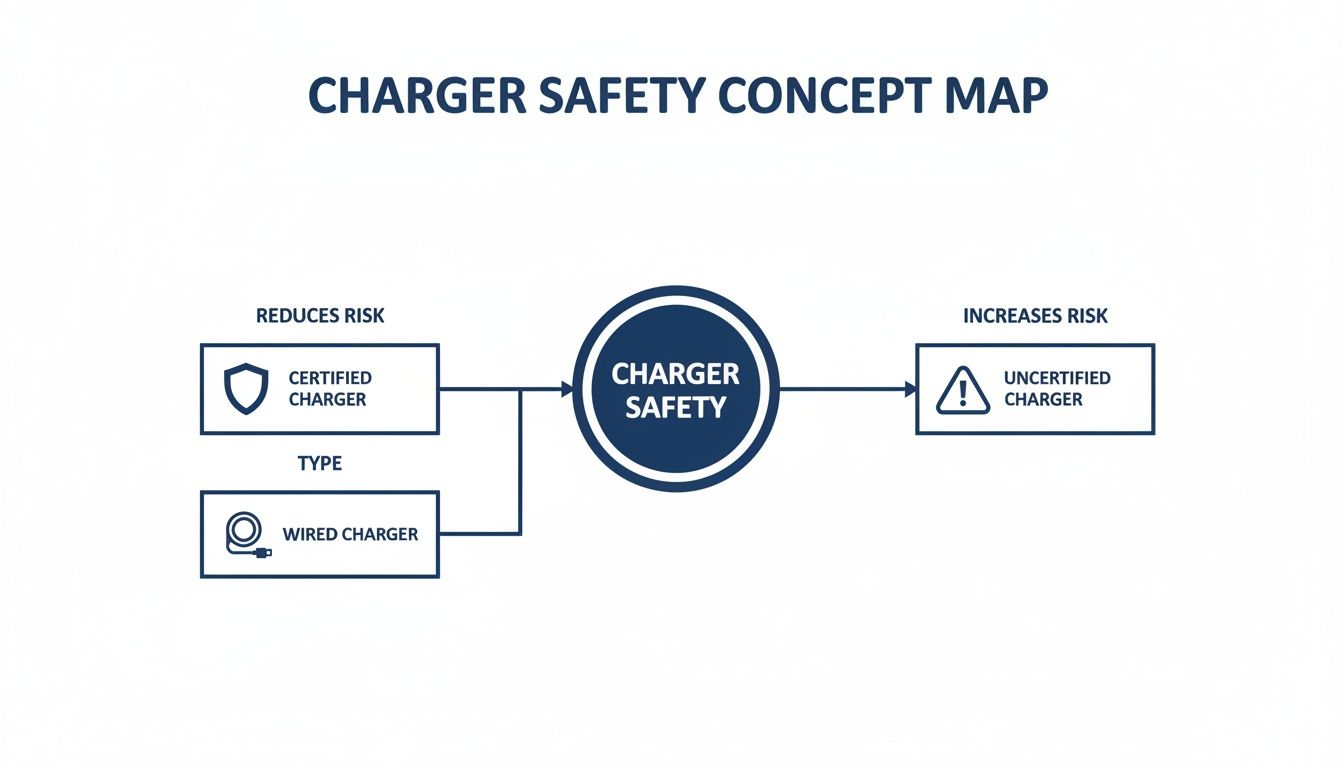 A concept map illustrating charger safety: certified and wired chargers reduce risk, while uncertified chargers increase risk.