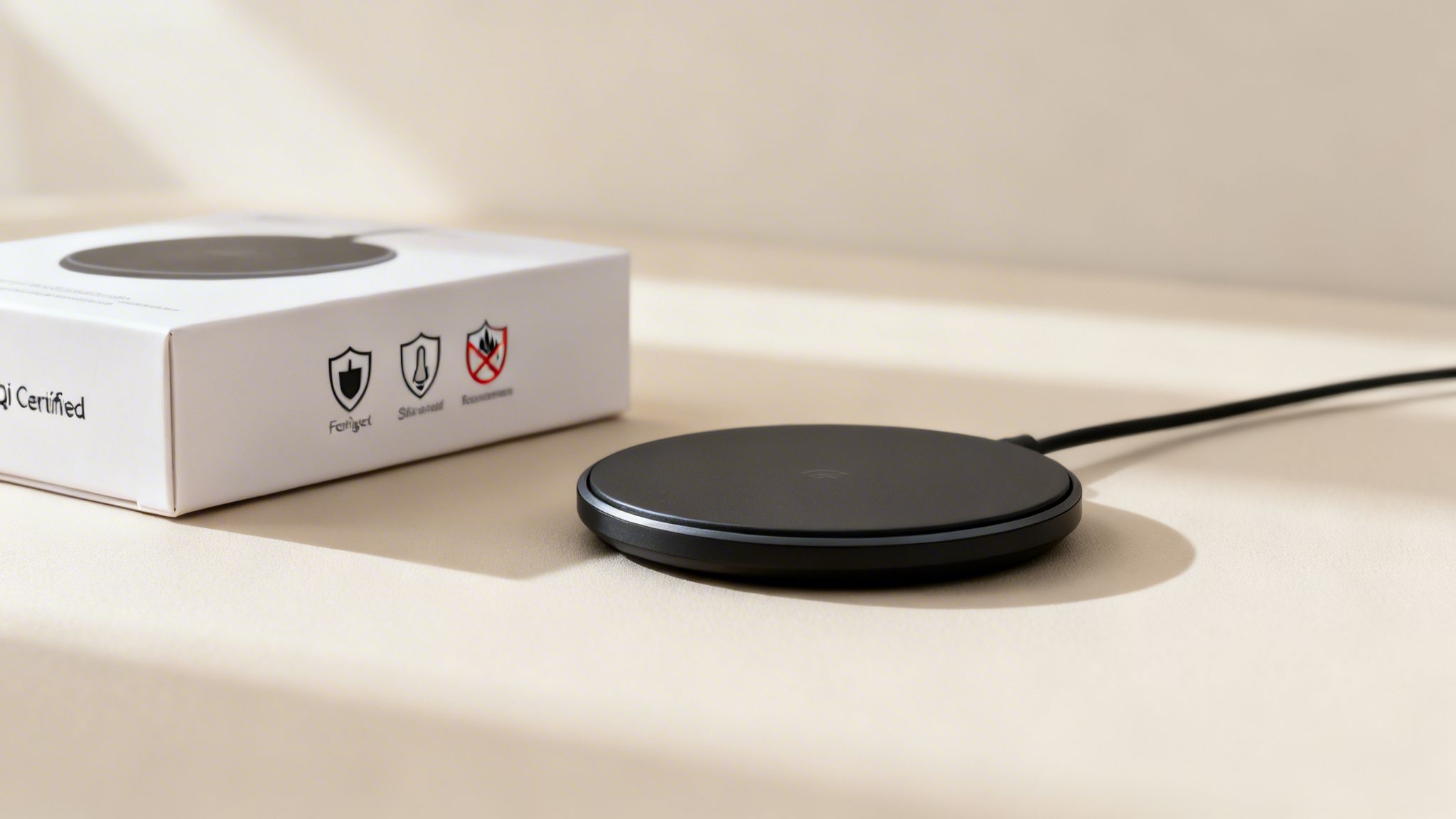Black circular Qi-certified wireless charger next to its white packaging highlighting safety features.