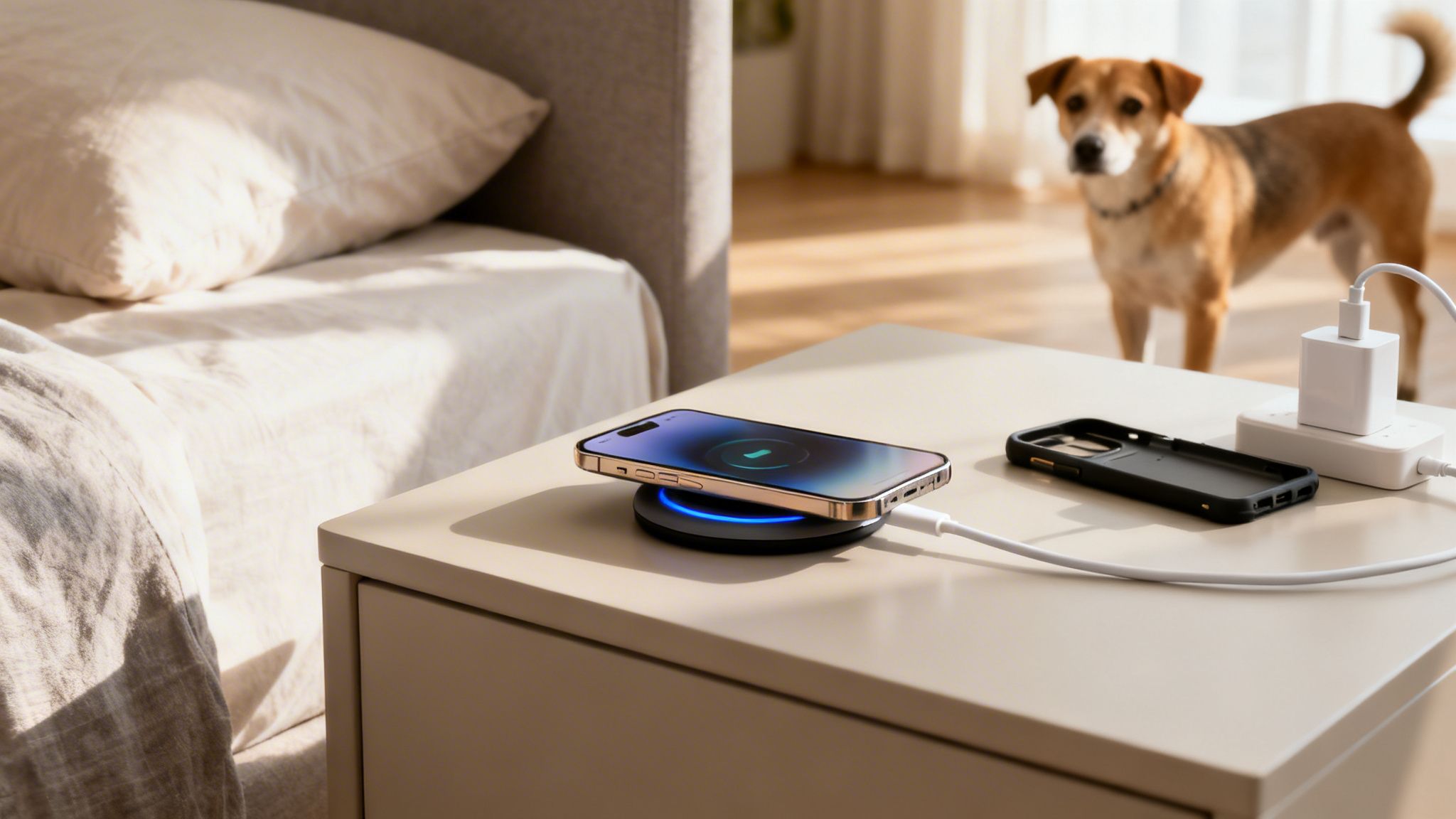 A golden smartphone wirelessly charging on a black pad on a bedside table with a dog in the background.