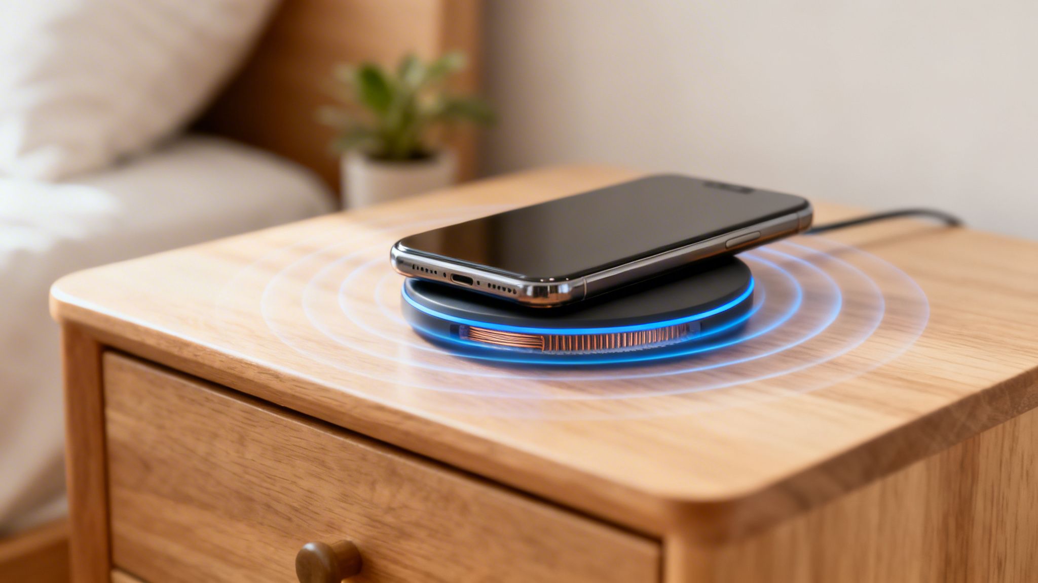 A smartphone is wirelessly charging on a black pad with a blue glow on a wooden nightstand.