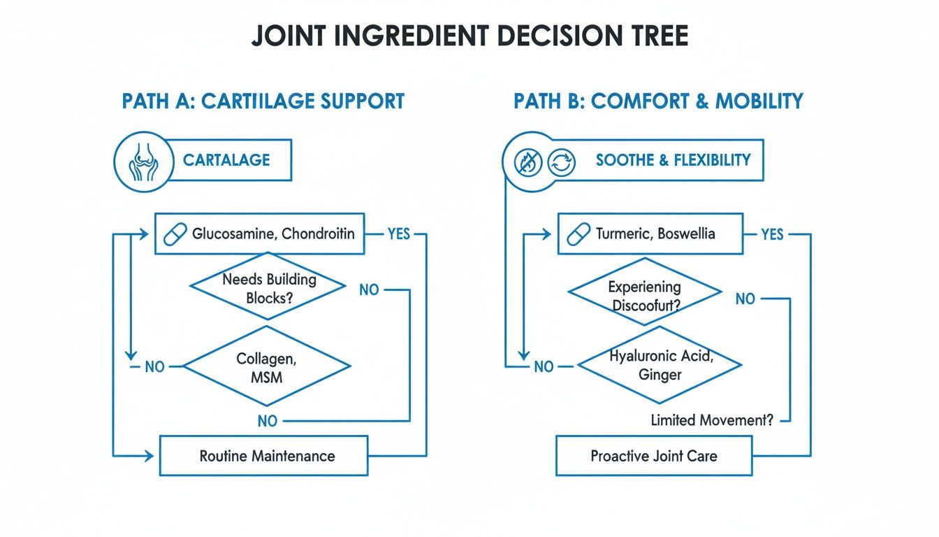 A joint ingredient decision tree showing paths for cartilage support and comfort & mobility, with specific supplement recommendations.
