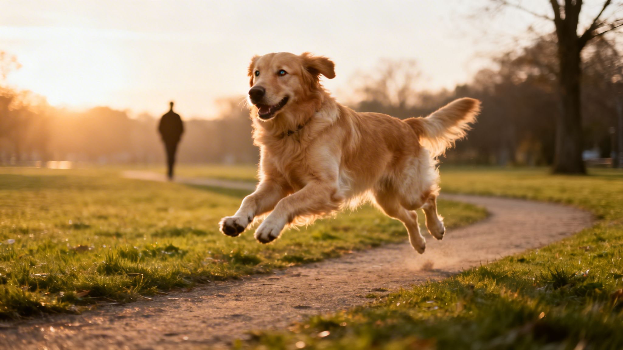 A happy Golden Retriever dog jumps mid-air on a park path at sunset with a person in the background.