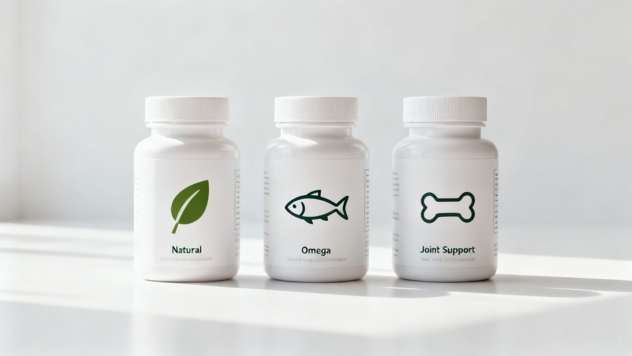 Three white supplement bottles labeled Natural, Omega, and Joint Support with relevant icons.