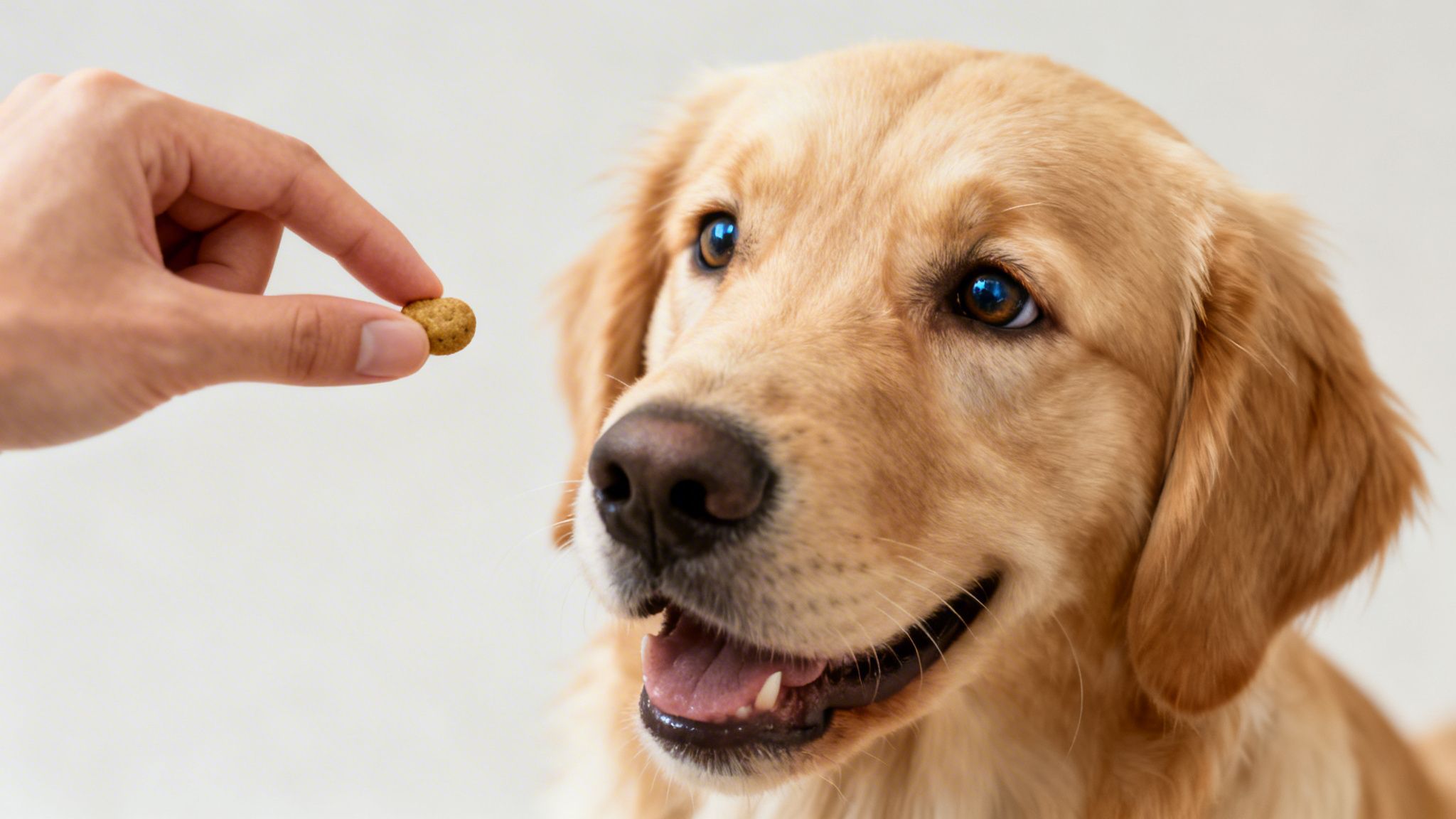 A happy golden retriever dog with bright eyes focused intently on a small dog treat offered by a human hand.