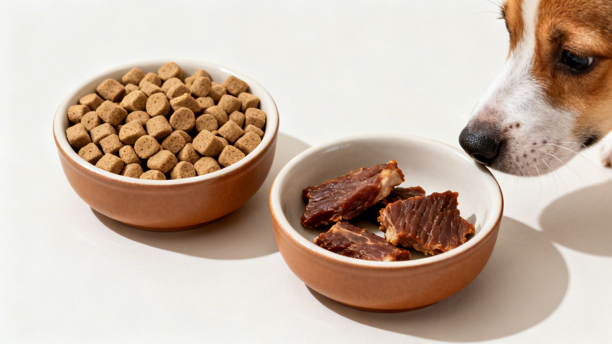 A small dog sniffs a bowl of meat treats next to a bowl of dry dog food.