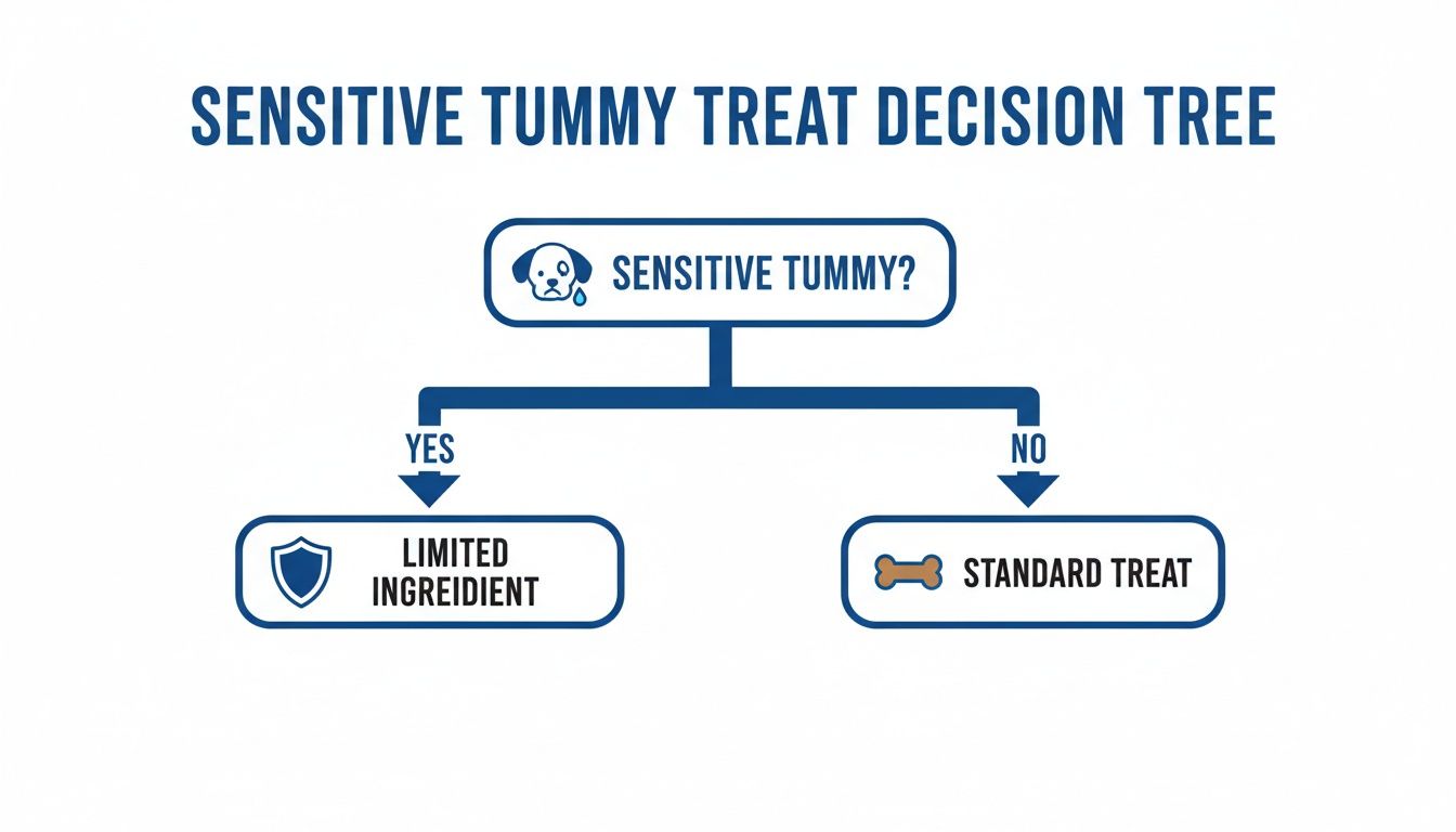 A decision tree flowchart guiding treat choices for dogs based on sensitive tummy status.