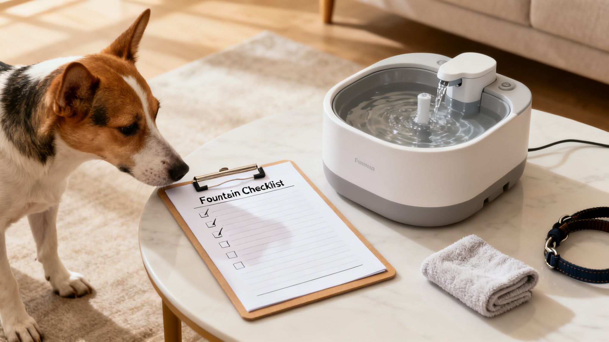 A cute dog gazes at a 'Fountain Checklist' next to a running pet water fountain.