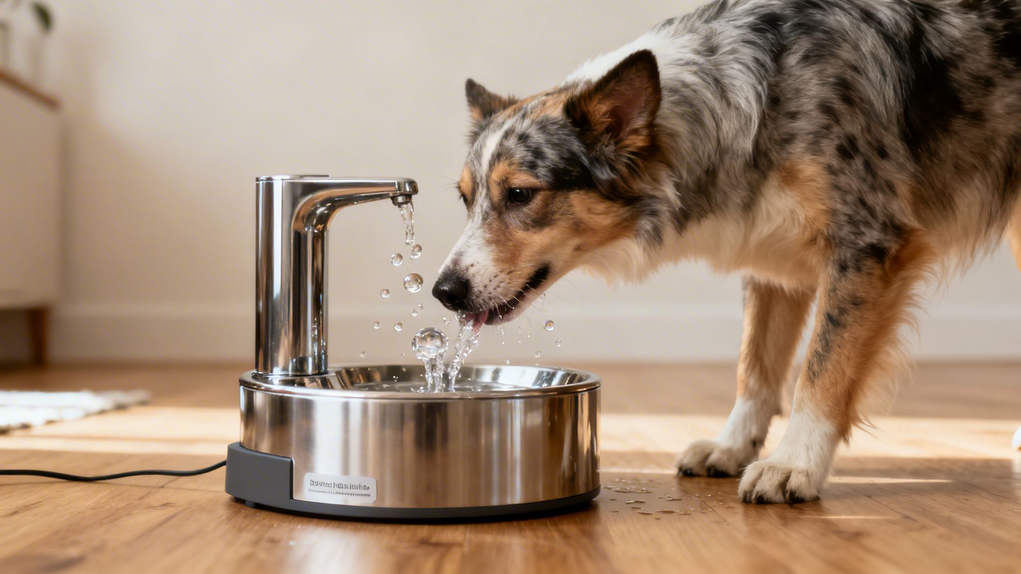 A tricolor merle dog happily drinks water from a sleek, silver pet water fountain, splashing slightly.