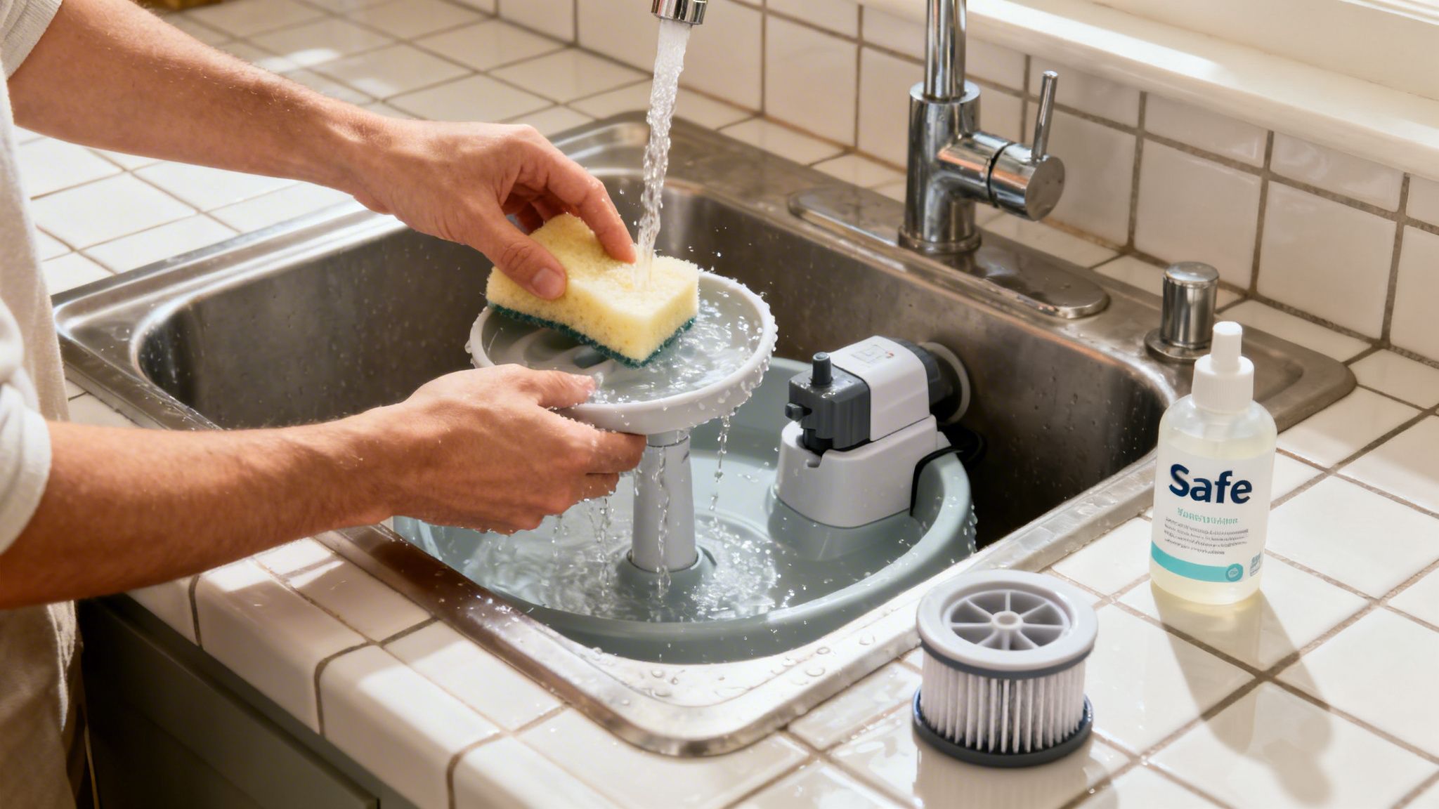 A person's hands cleaning a grey pet water fountain in a kitchen sink with a sponge.