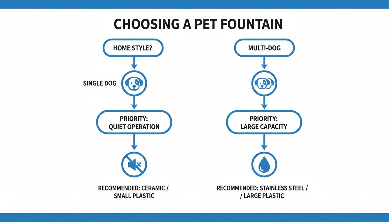 Flowchart for choosing a pet fountain based on single or multi-dog use, prioritizing quietness or capacity.