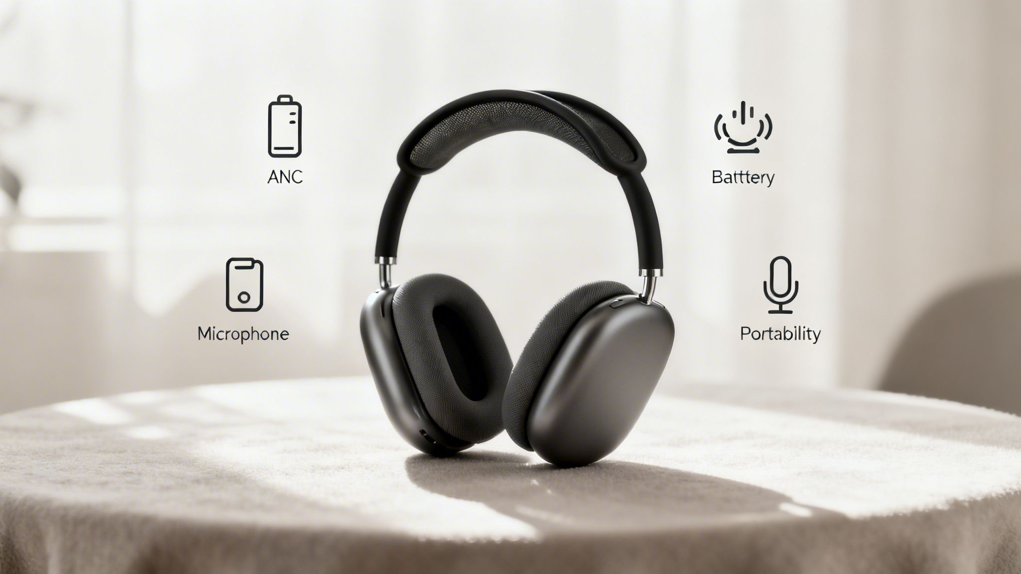 Black over-ear headphones on a table, highlighting features like ANC, battery, microphone, and portability.