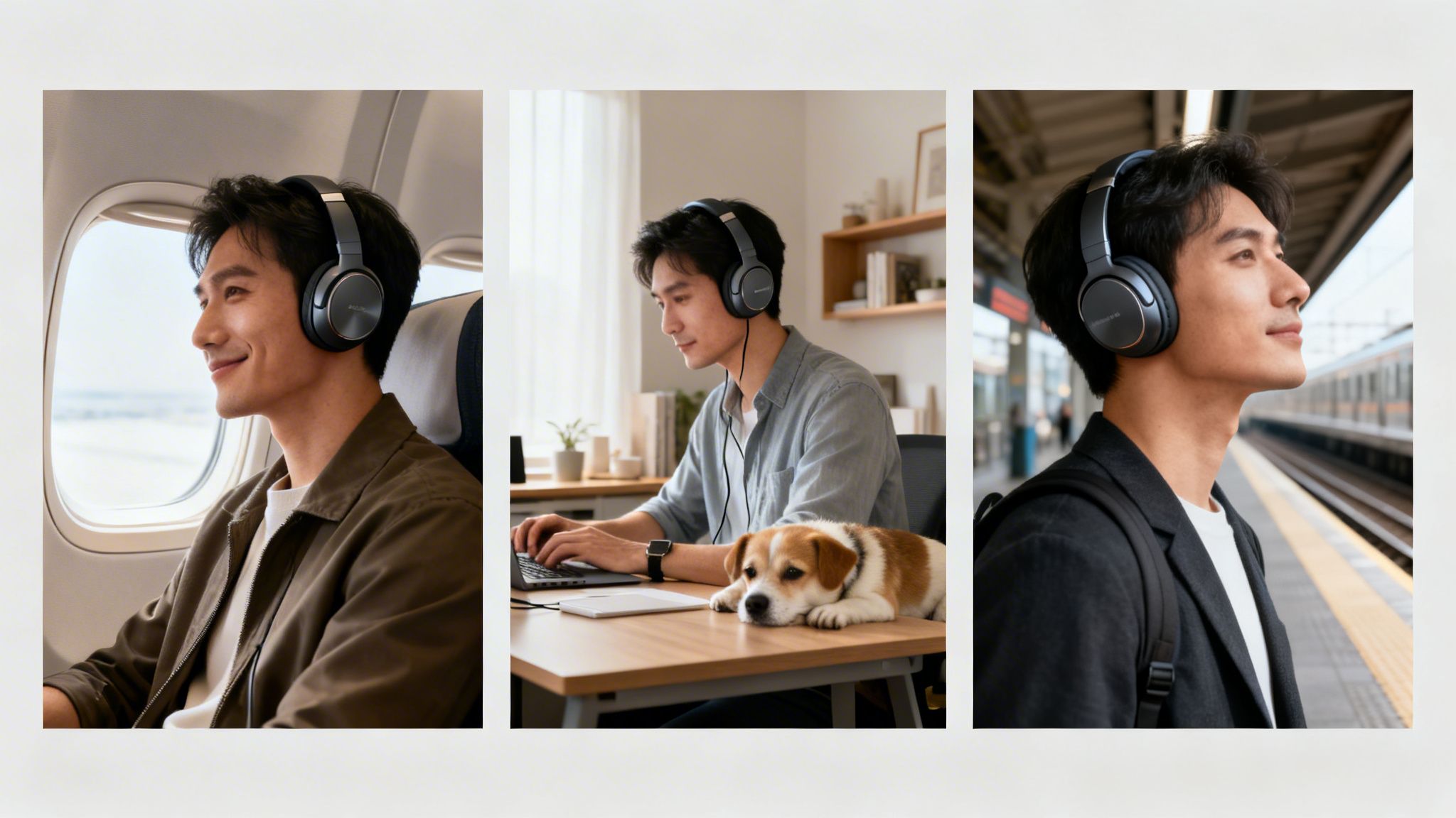 A man uses modern black headphones on a plane, while working at home, and at a train station.