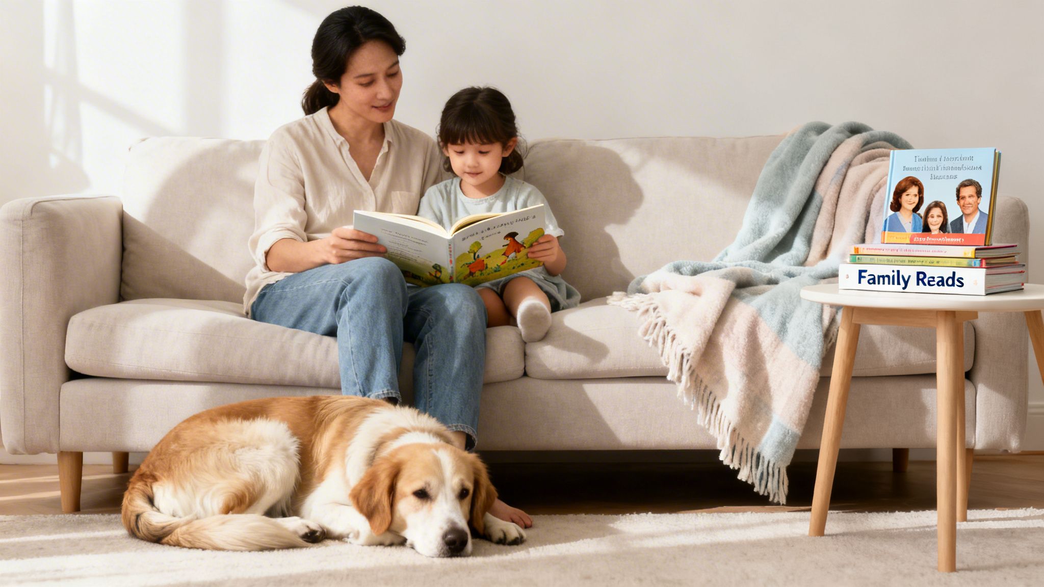 Mother and daughter read a book on a sofa, a dog sleeps, and books are on a side table.