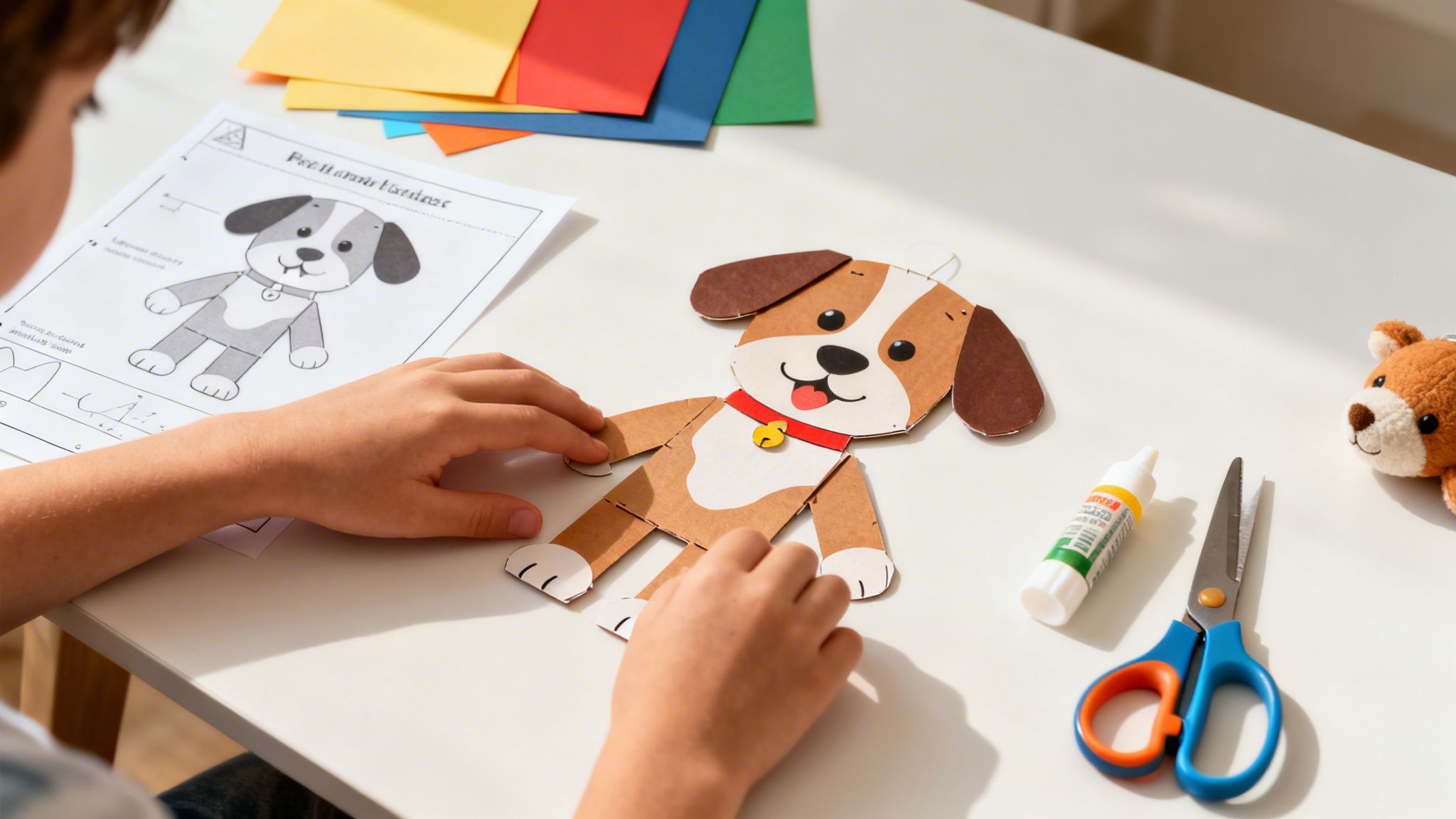 A child's hands are focused on assembling a brown and white paper dog craft on a white table.