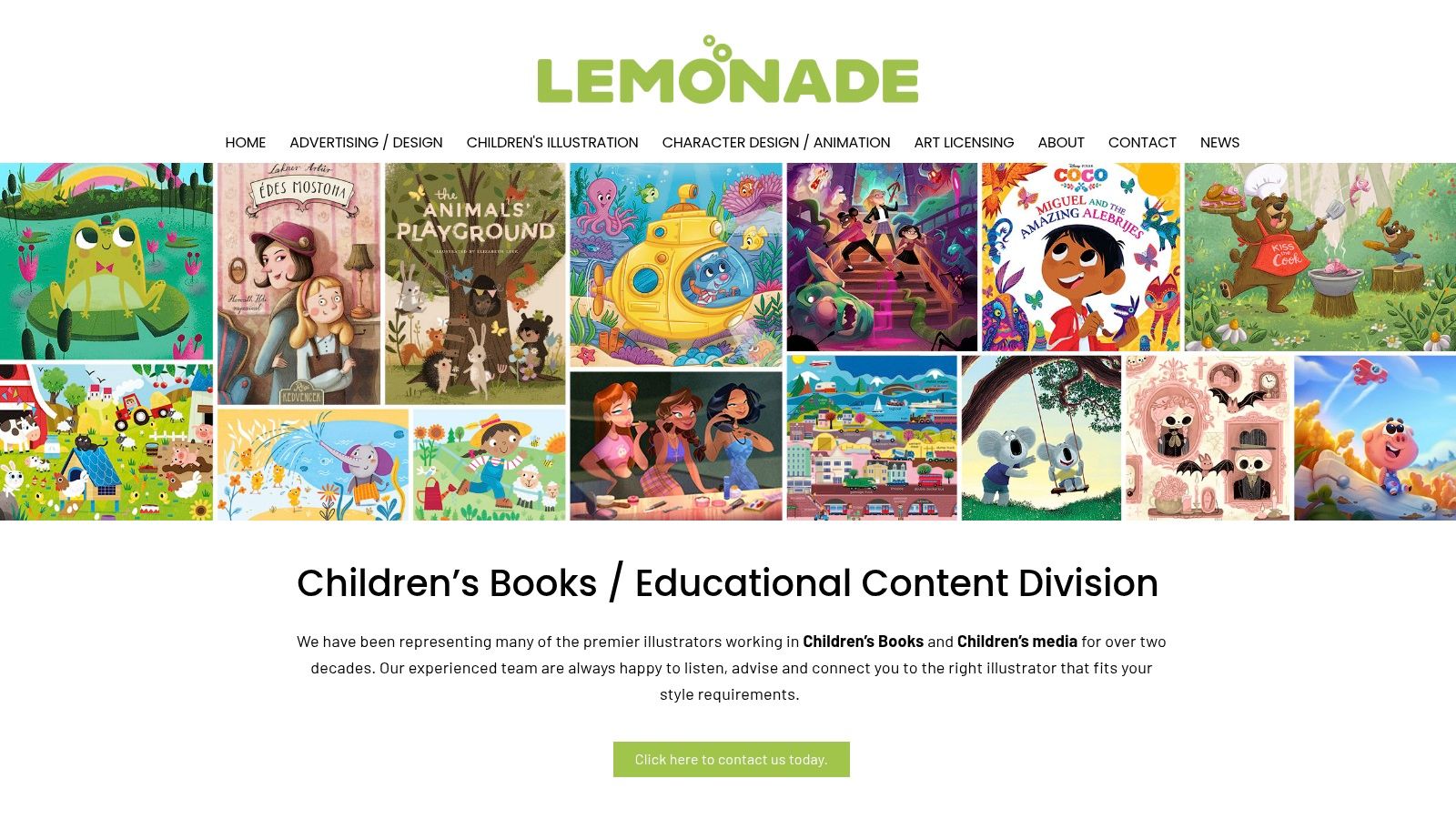 Lemonade Illustration Agency's website showcasing a colorful collection of children's book illustrations.
