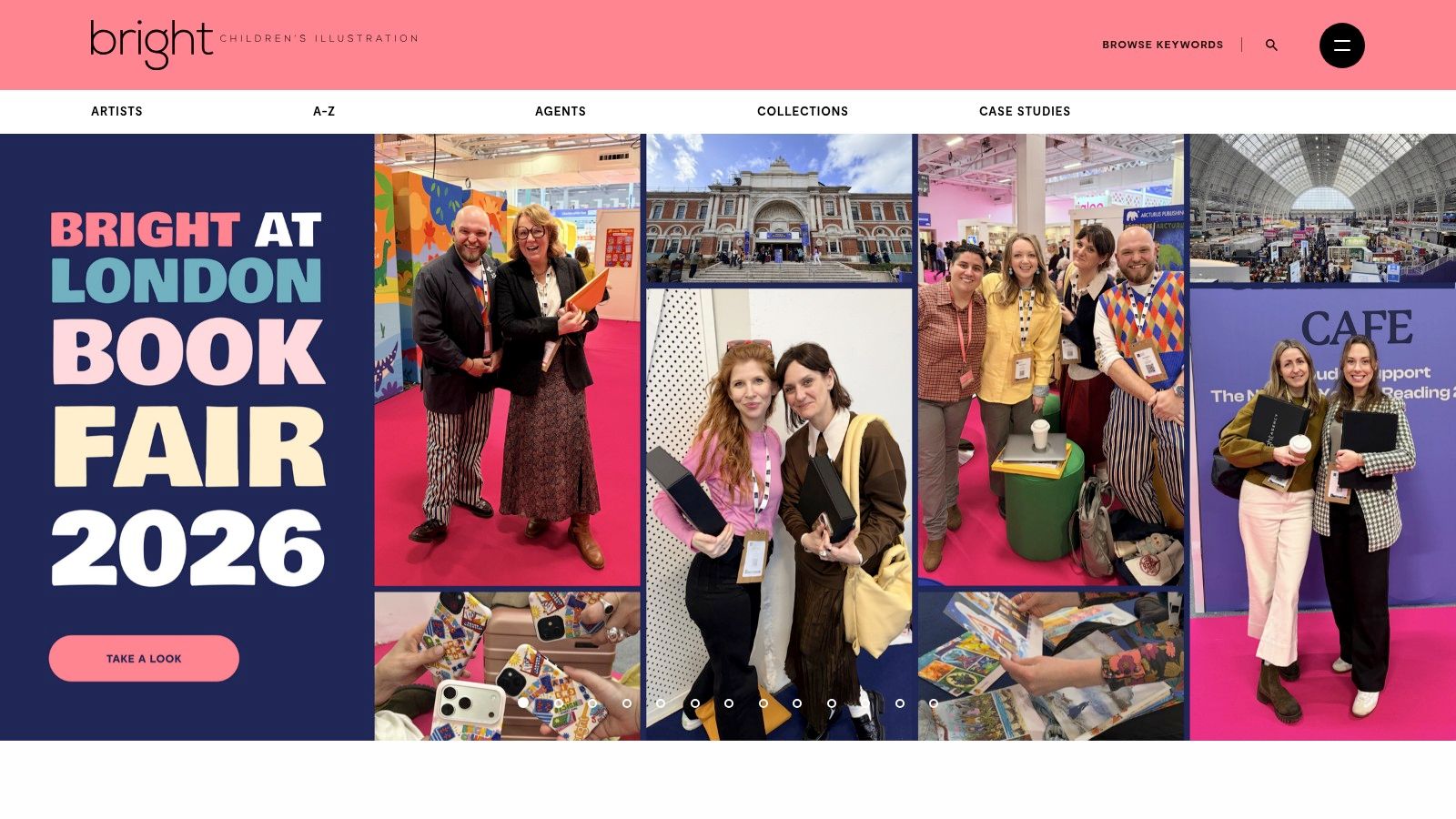 The Bright Agency's website showing a grid of diverse illustrator portfolios.