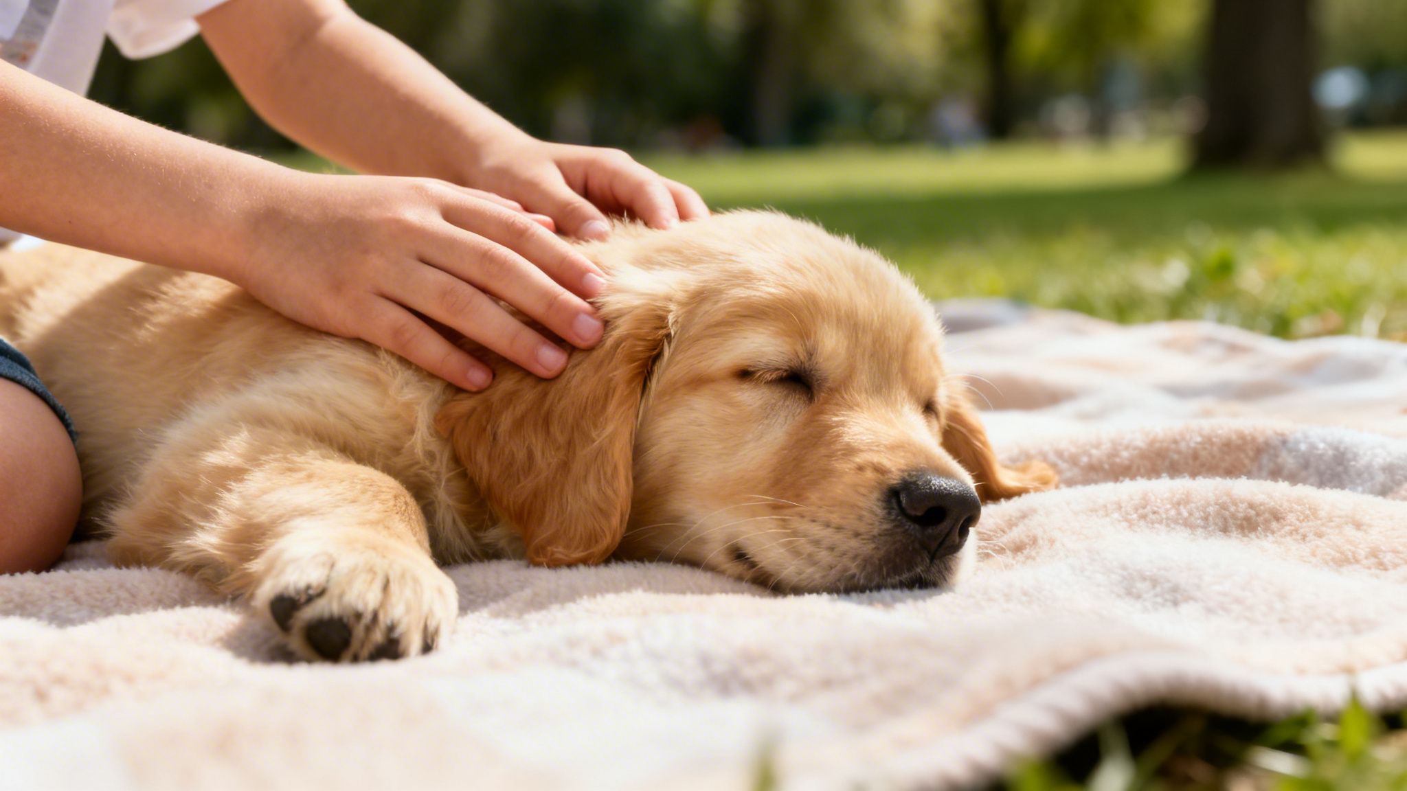 Child gently petting a sleeping golden retriever puppy on a soft blanket in a sunny park.