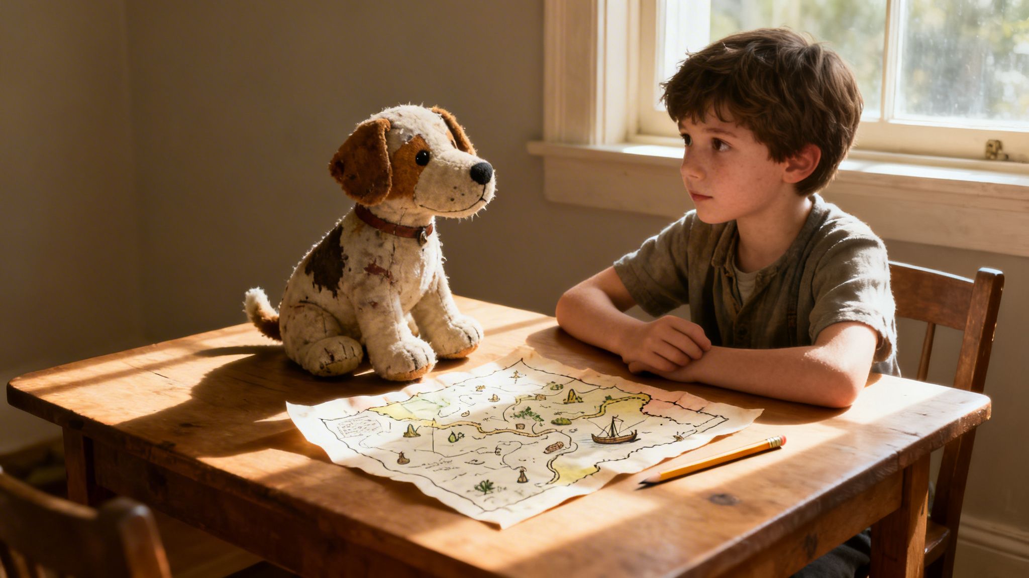 A young boy and his stuffed dog look at a treasure map on a sunlit wooden table.