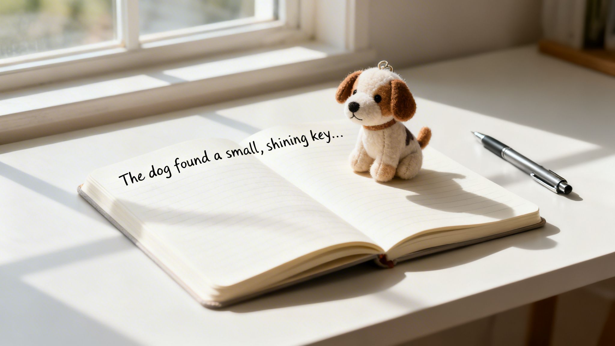 An open notebook on a sunny desk with a dog plushie, pen, and creative writing prompt.