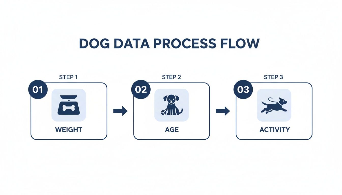 A three-step diagram illustrating the dog data process flow: Weight, Age, and Activity.