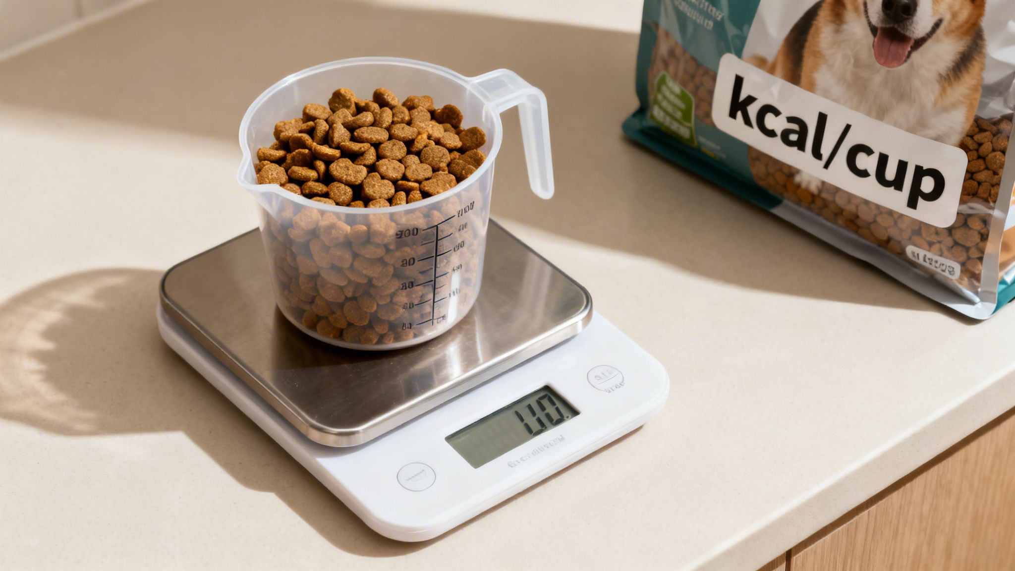 Dog food kibble in a measuring cup sits on a digital scale, next to a dog food bag.