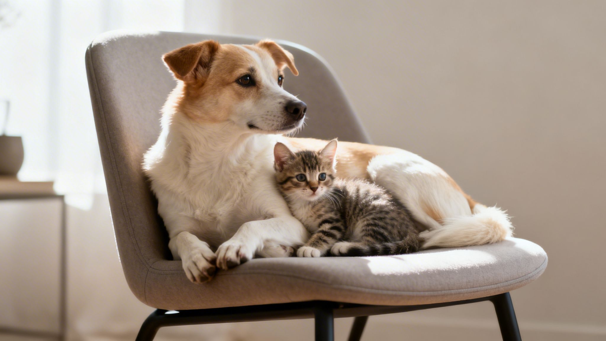 A friendly dog and a small tabby kitten sitting closely together on a grey chair in sunlight.