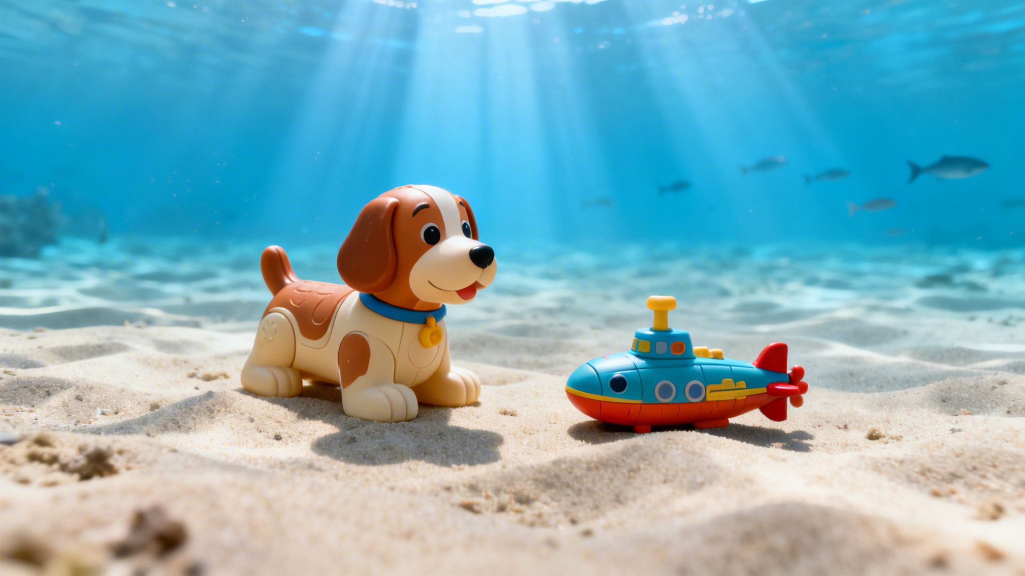 A toy dog and a toy submarine sit on the sandy ocean floor under bright blue water.