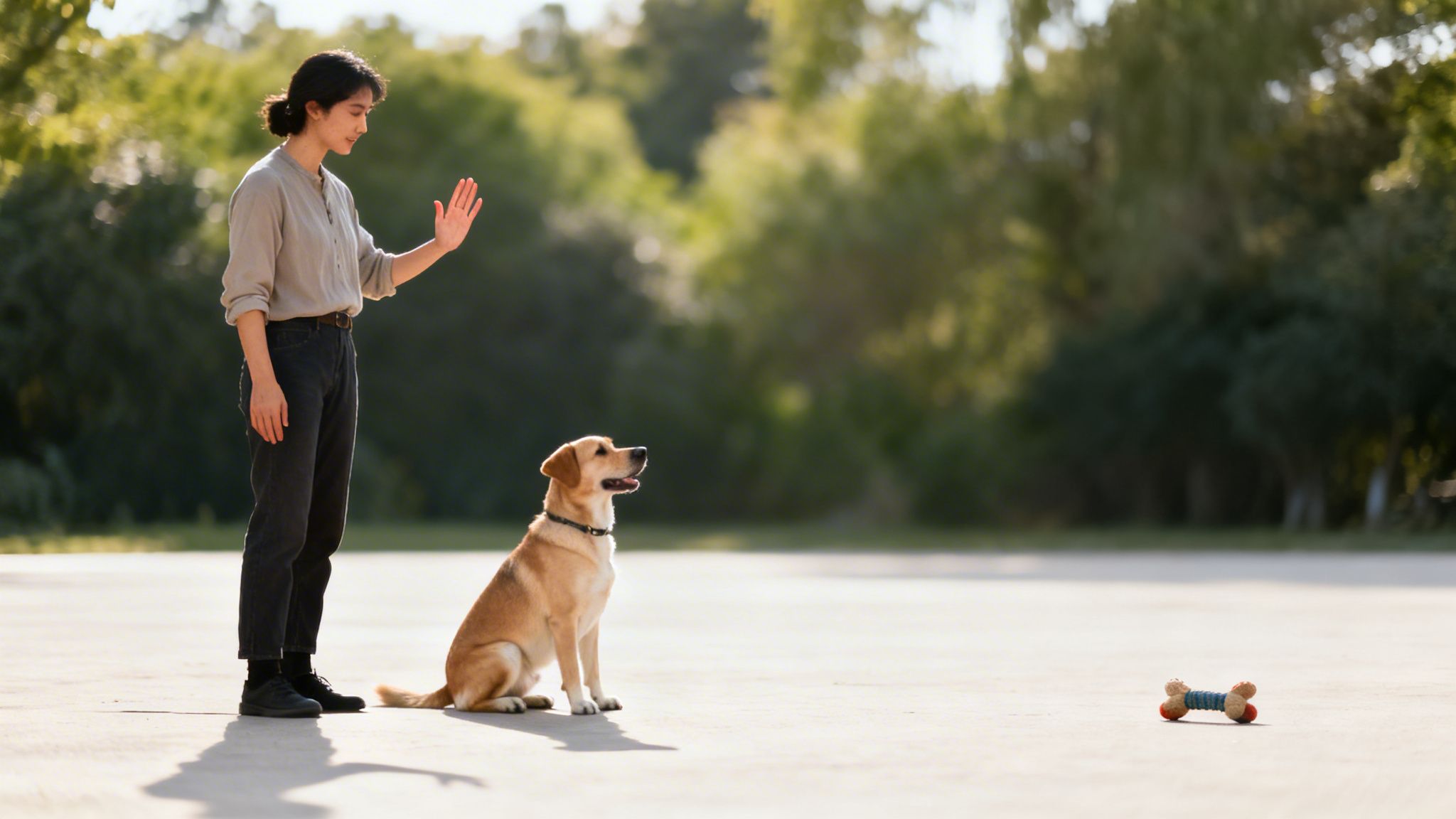 A young woman training her golden Labrador to stay or wait in an outdoor park.