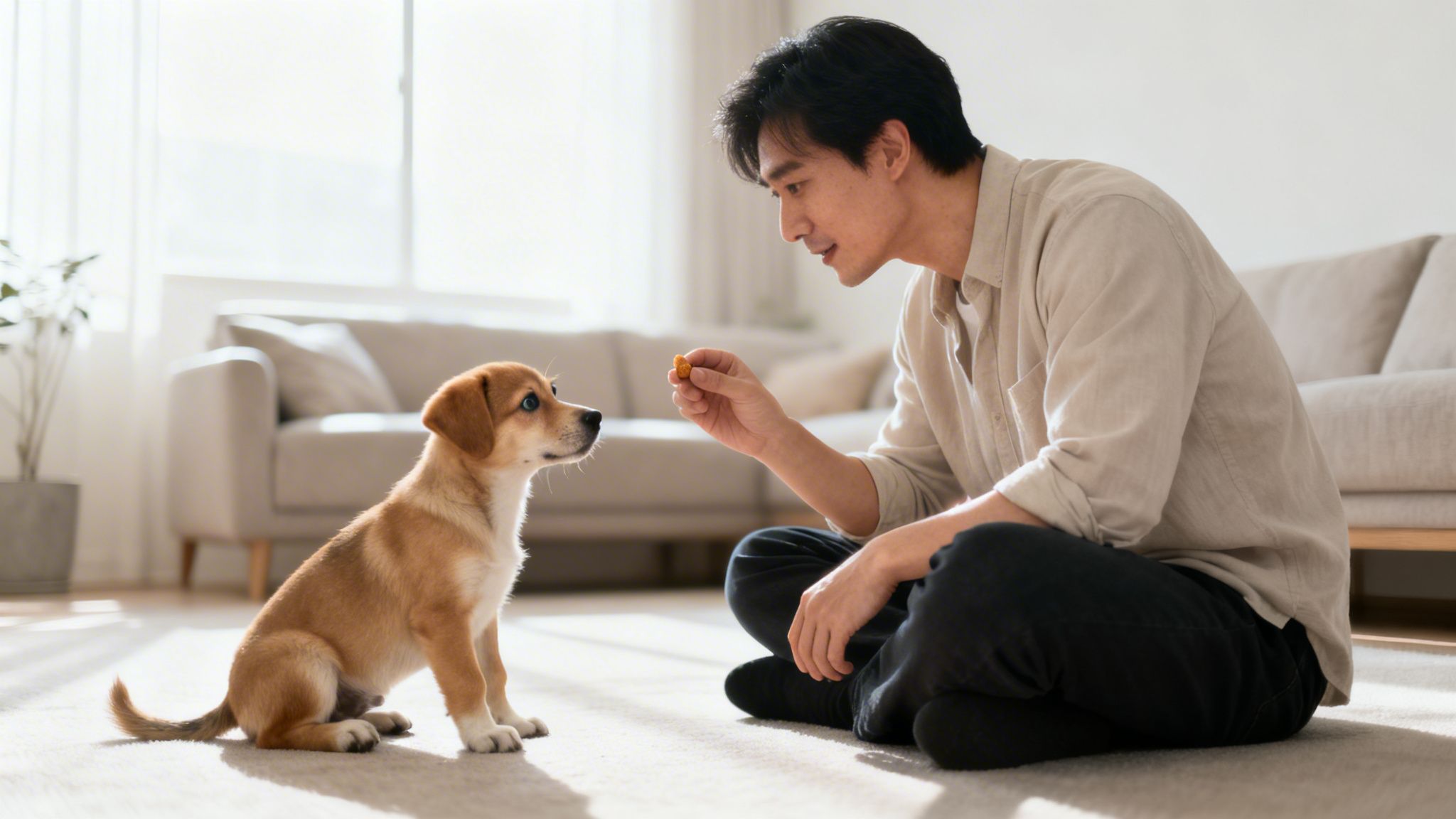 A man offers a treat to a small puppy during training on a sunny carpeted floor.