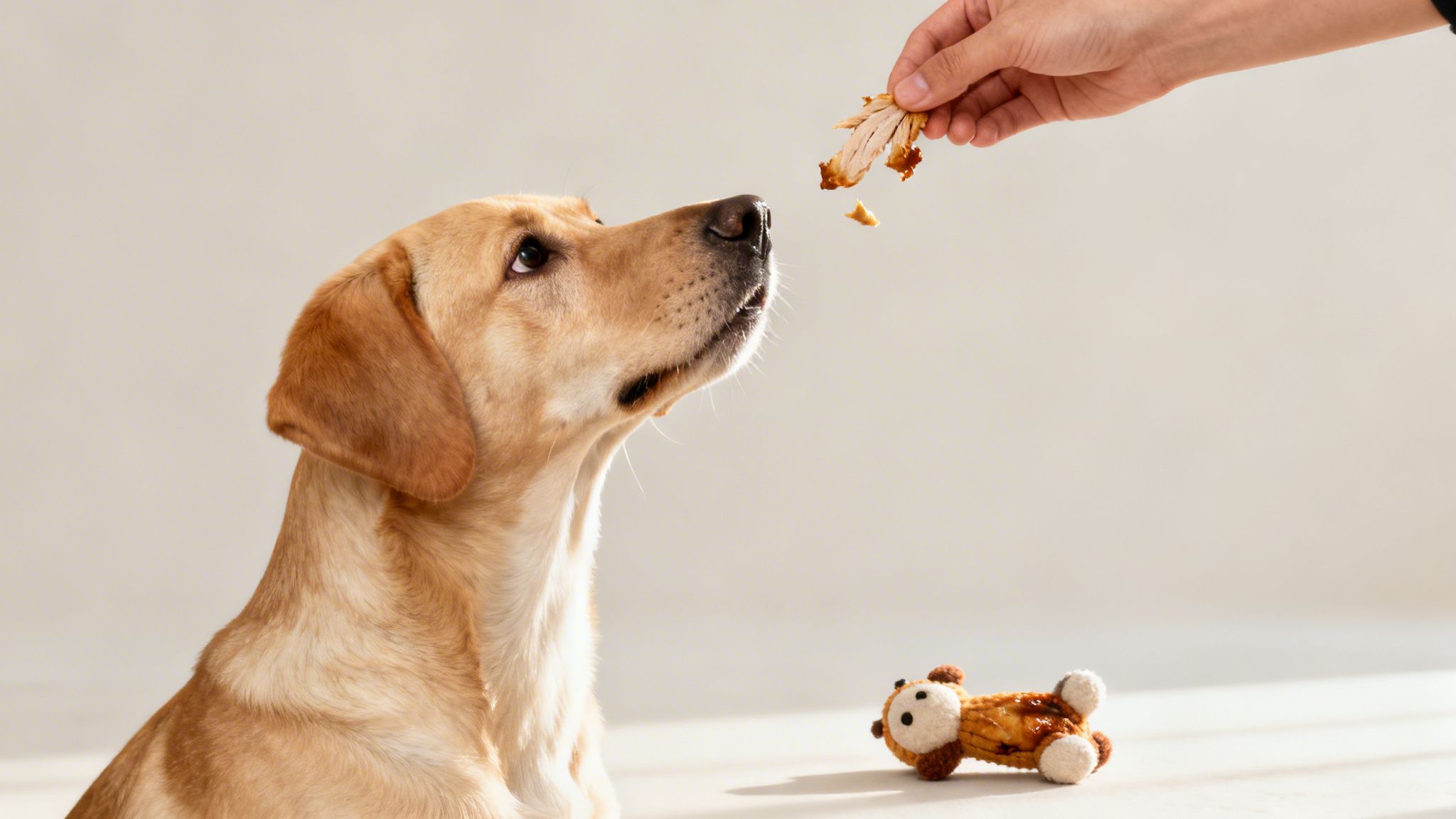 A golden retriever dog looks up intently at a human hand offering a chicken treat.