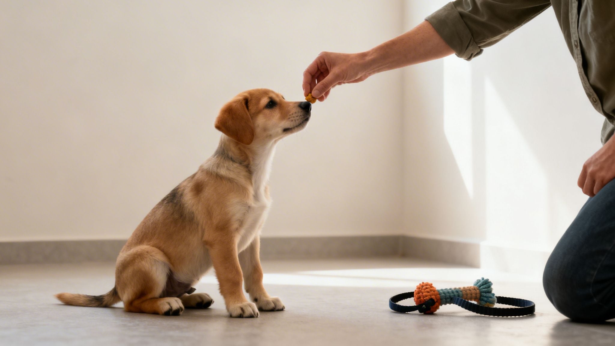 A light brown puppy sits patiently receiving a treat from a person's hand during training.