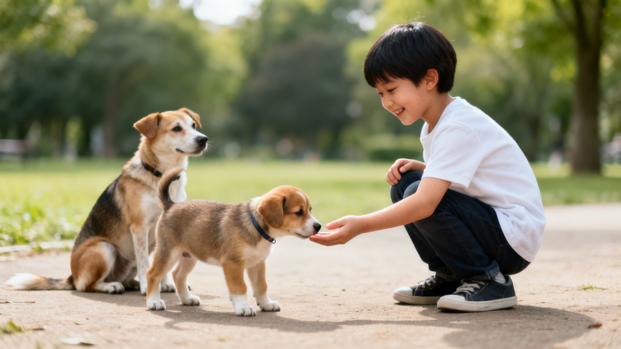 A smiling young boy feeds a cute puppy while an adult dog sits nearby in a park.