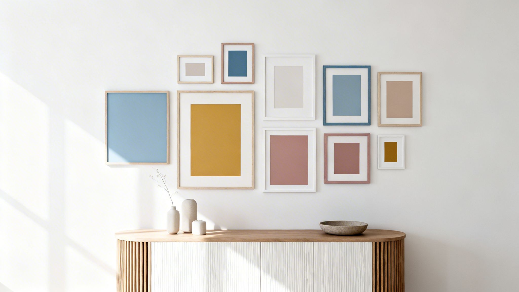 A modern gallery wall with multiple colorful frames above a wooden credenza in a sunlit room.