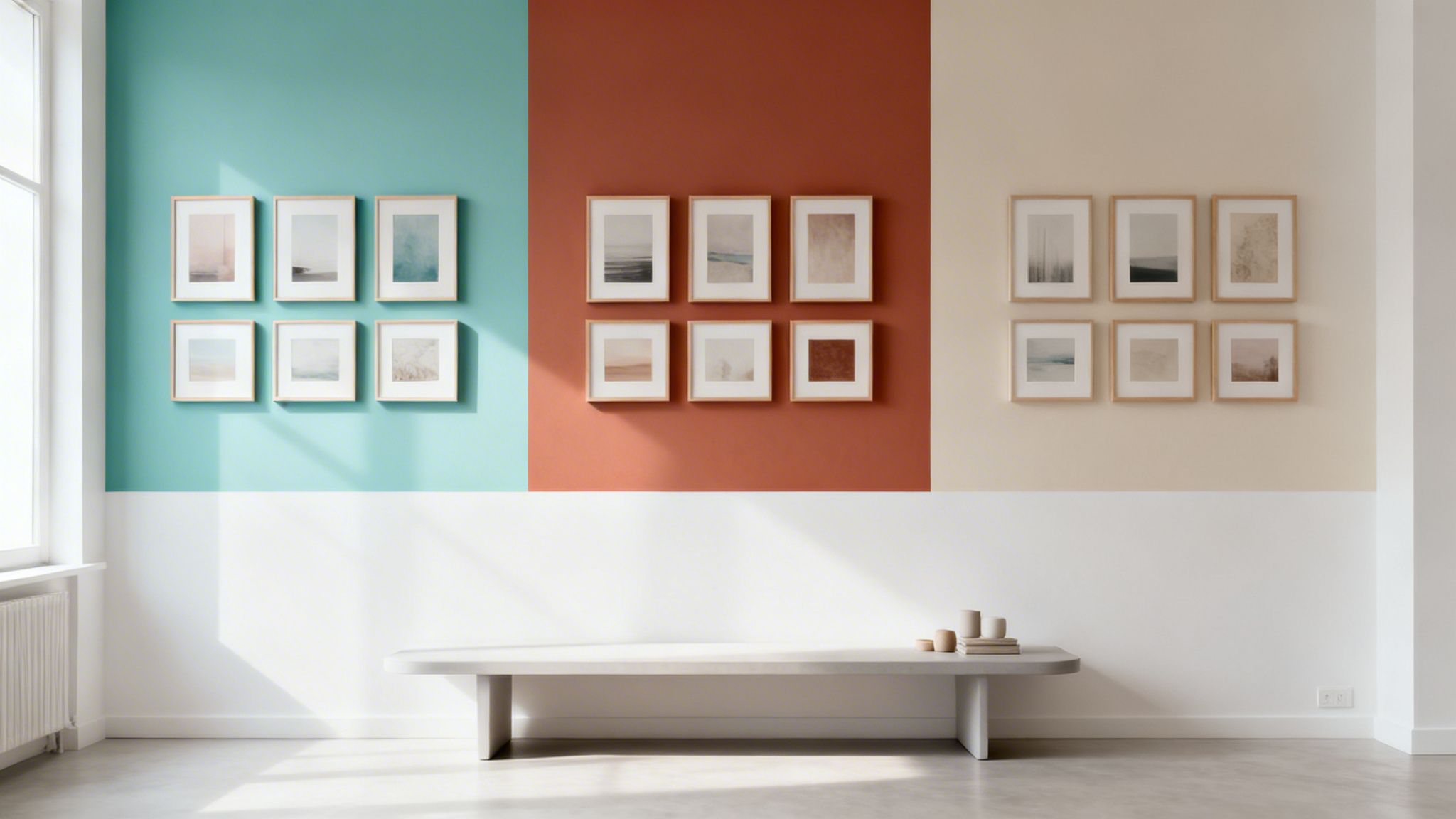 A modern room with three distinct gallery walls above a long, minimalist bench.