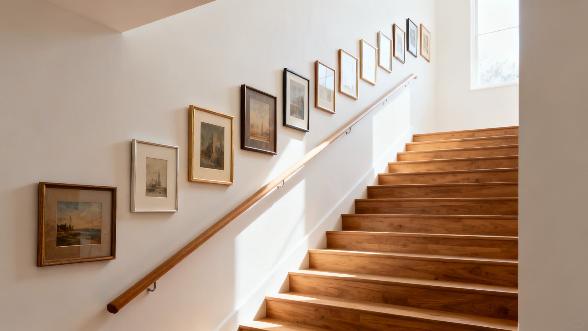 A bright staircase with wooden steps and a wooden handrail, featuring a gallery wall of framed artworks.