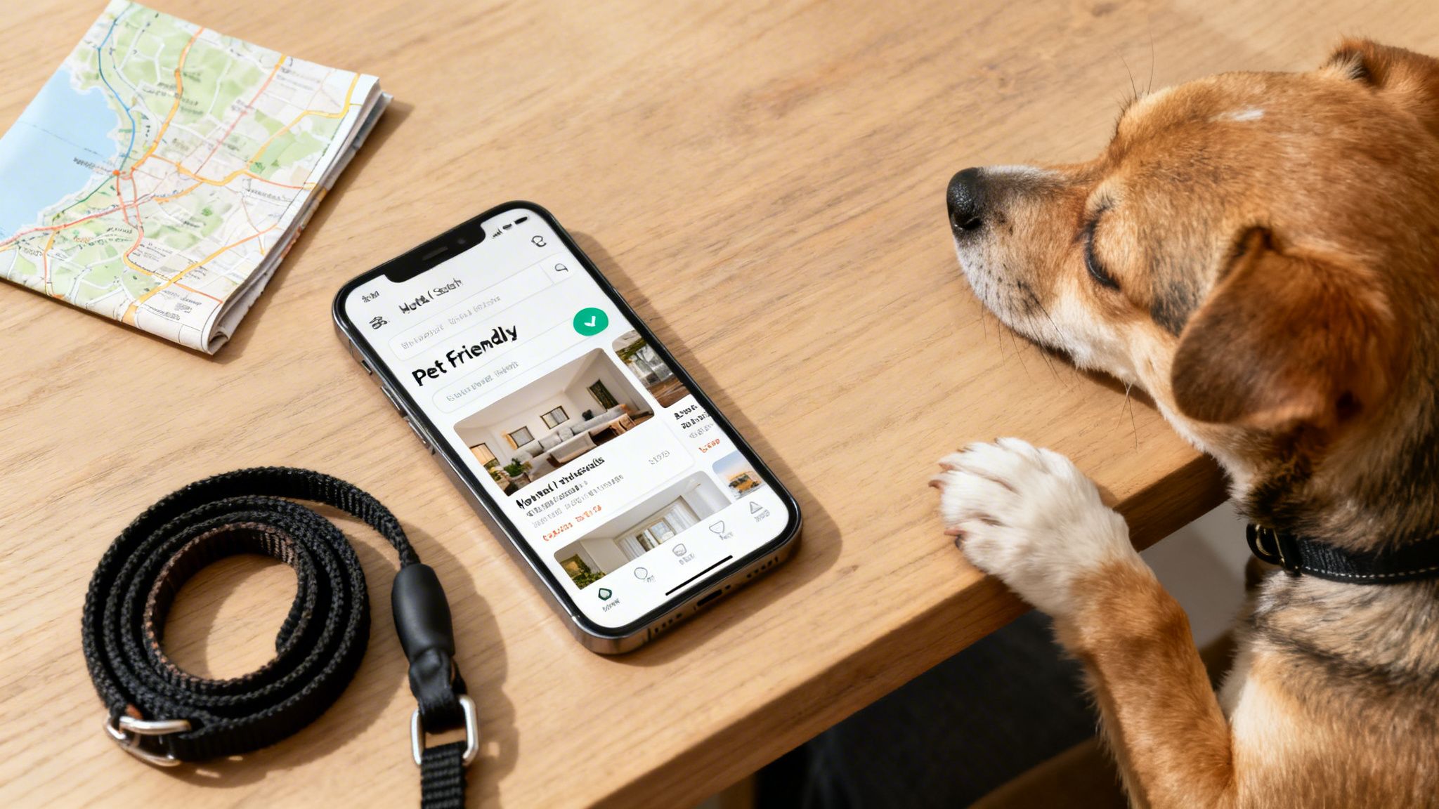 A dog rests on a wooden table, a smartphone with a pet-friendly hotel app, map, and leash nearby.