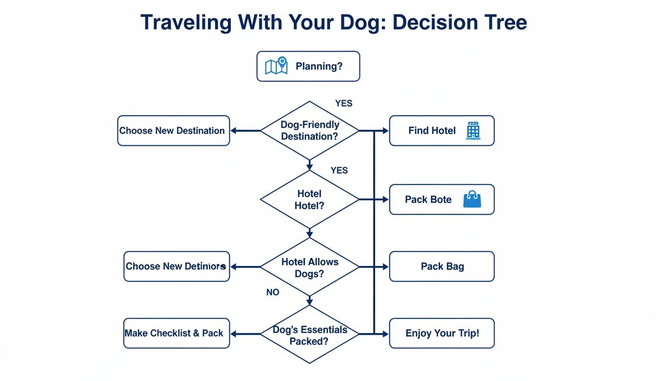 A decision tree flowchart outlining steps for planning a trip with a dog, including destination, hotel, and packing essentials.