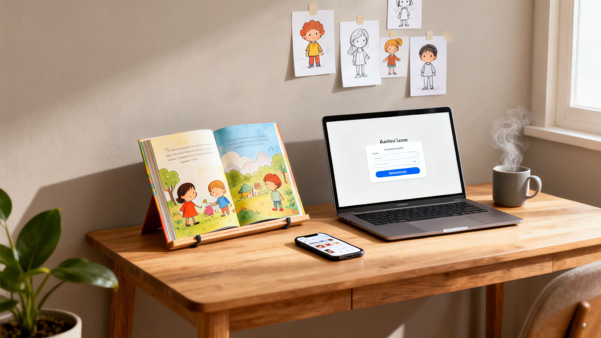 A cozy desk setup with an open children's book, a laptop, a smartphone, a steaming coffee mug, and drawings on the wall.