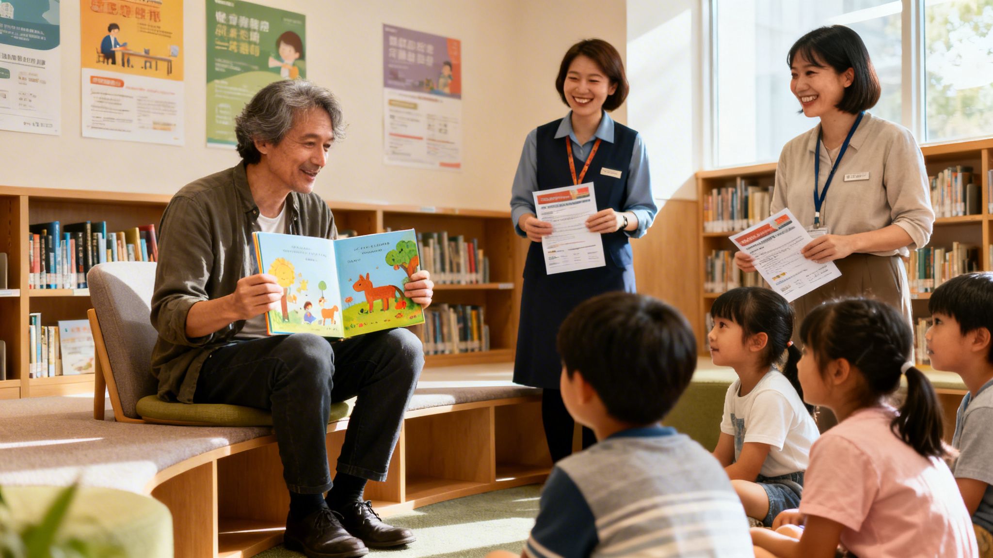 An older man reads a vibrant children's book to attentive kids in a brightly lit library.