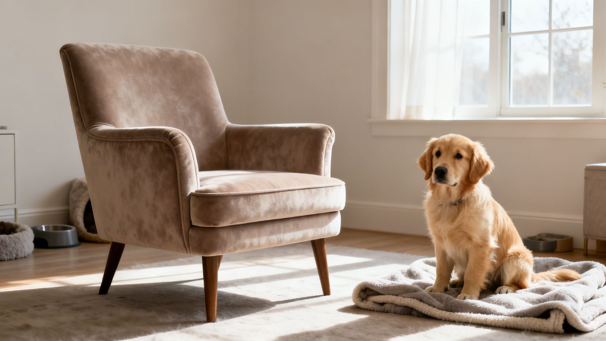 A golden retriever puppy sits on a gray blanket next to a beige armchair in a sunlit room.