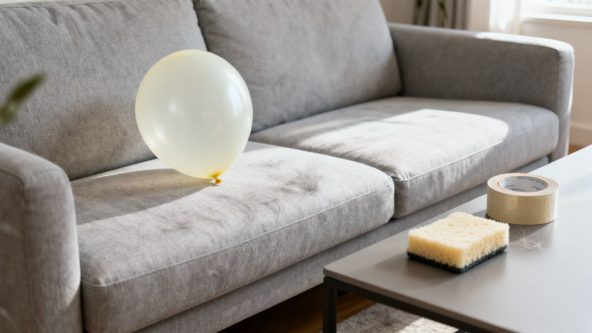 A white balloon rests on a grey sofa covered in pet hair, with a sponge and tape on a table.