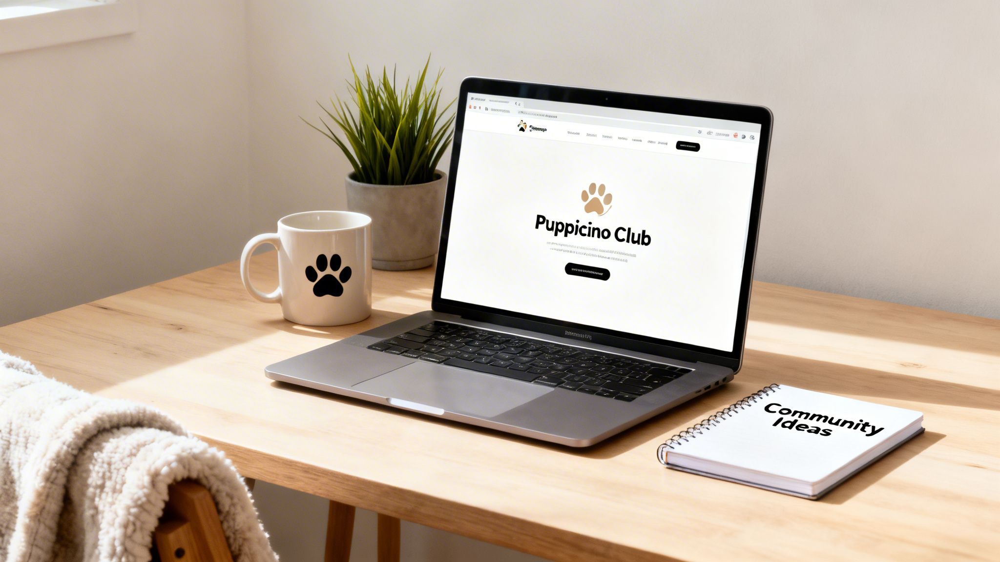 A cozy desk setup with a laptop showing 'Puppicino Club,' a paw print mug, and a 'Community Ideas' notebook.