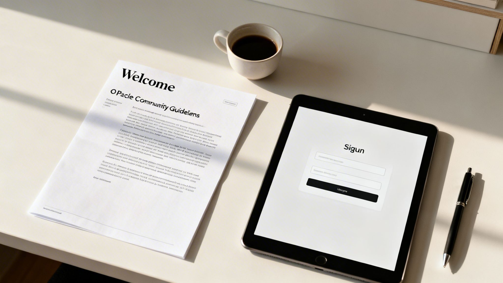 A clean workspace featuring a document, a cup of coffee, a tablet with a sign-in page, and a pen.