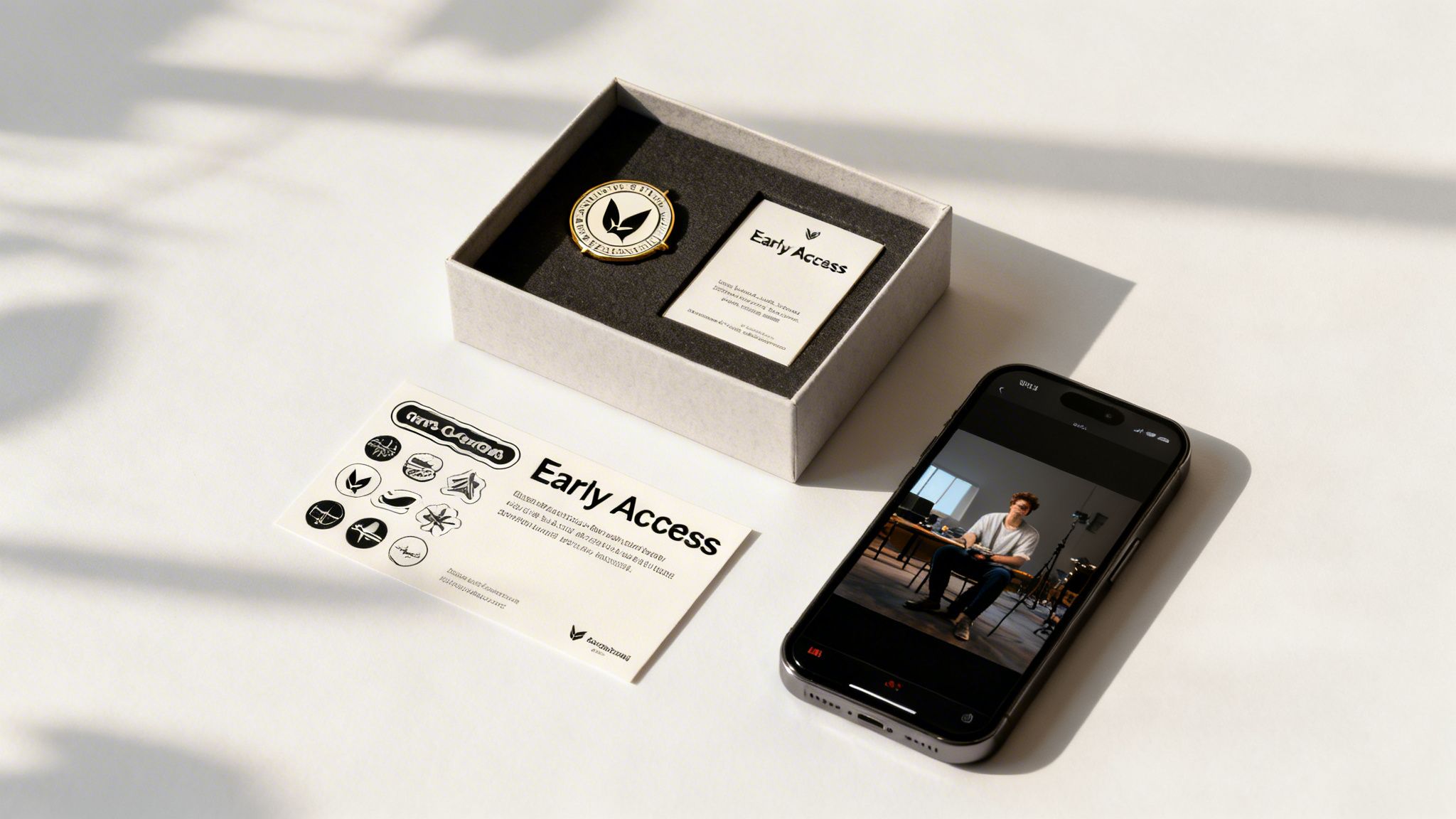 A gift box containing an 'Early Access' card and a pin, alongside a smartphone displaying a video.