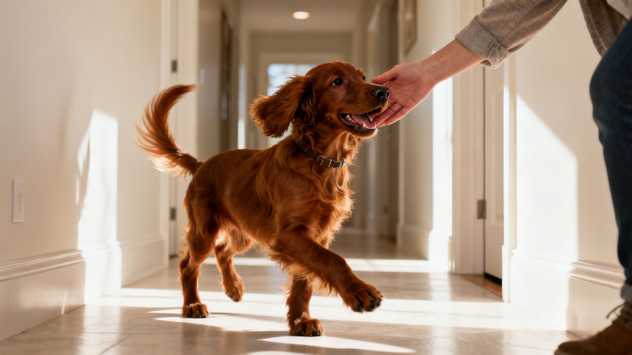 A happy Irish Setter dog is being petted by a person in a sunny hallway.