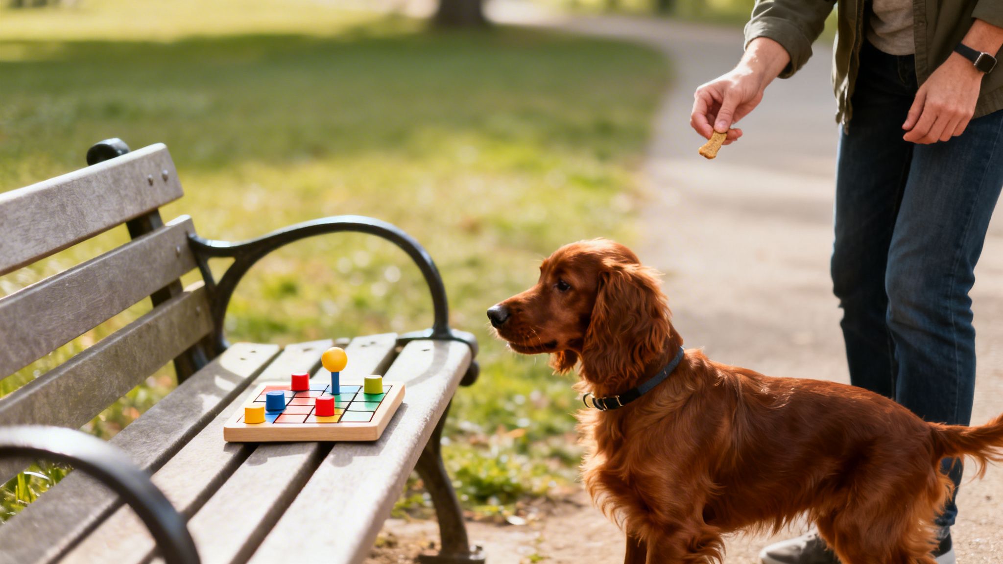 A man offers a bone-shaped treat to a reddish-brown Irish Setter dog in a park, with a colorful puzzle game on a bench.