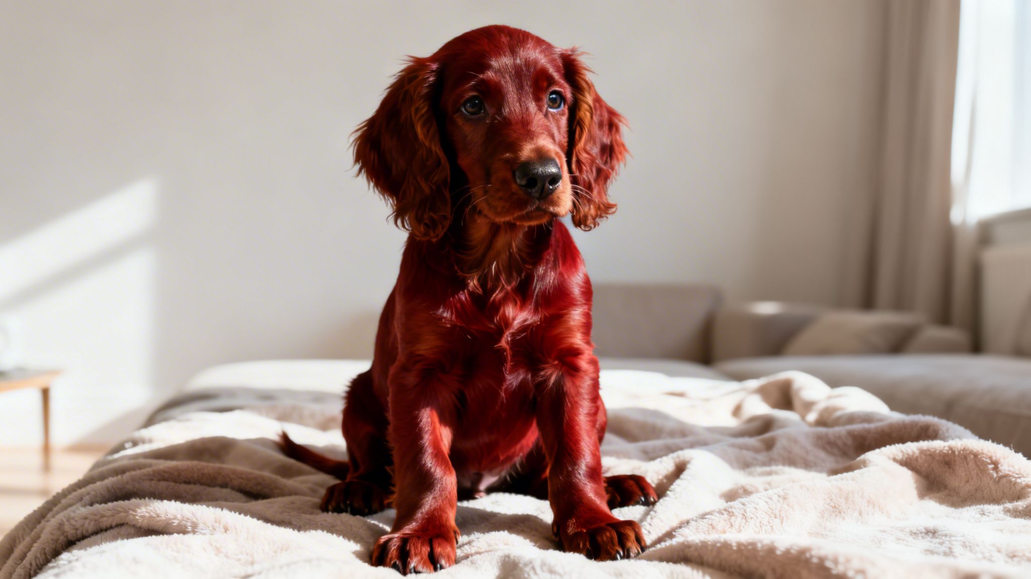 An adorable reddish-brown Irish Setter puppy sits attentively on a cozy blanket in a bright room.