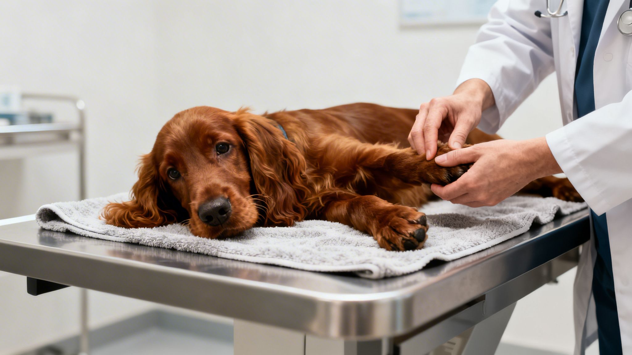 A veterinarian examines the paw of a calm Irish Setter dog lying on an exam table.