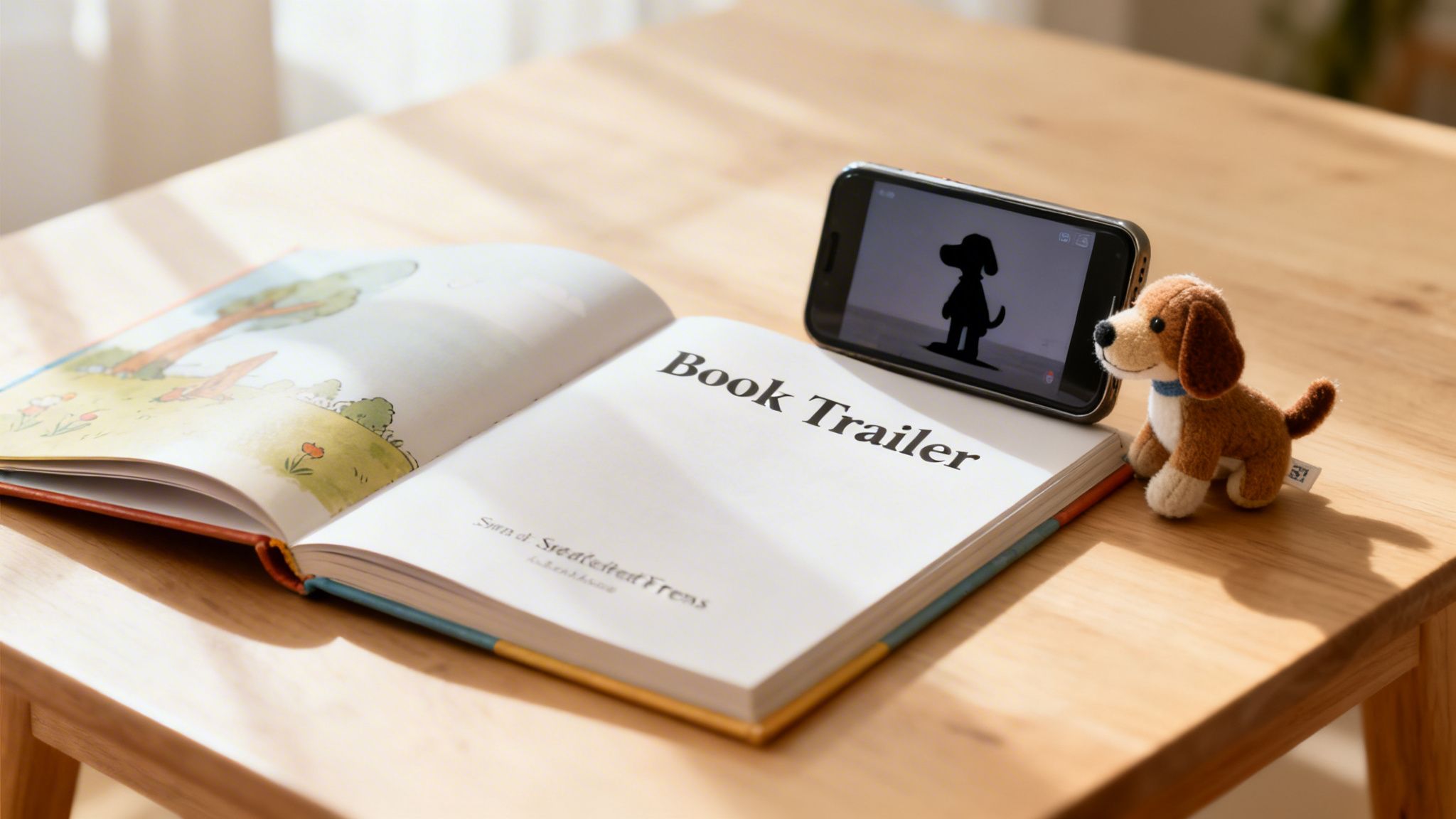 An open book titled 'Book Trailer' with a smartphone displaying a dog silhouette and a plush dog on a wooden table.