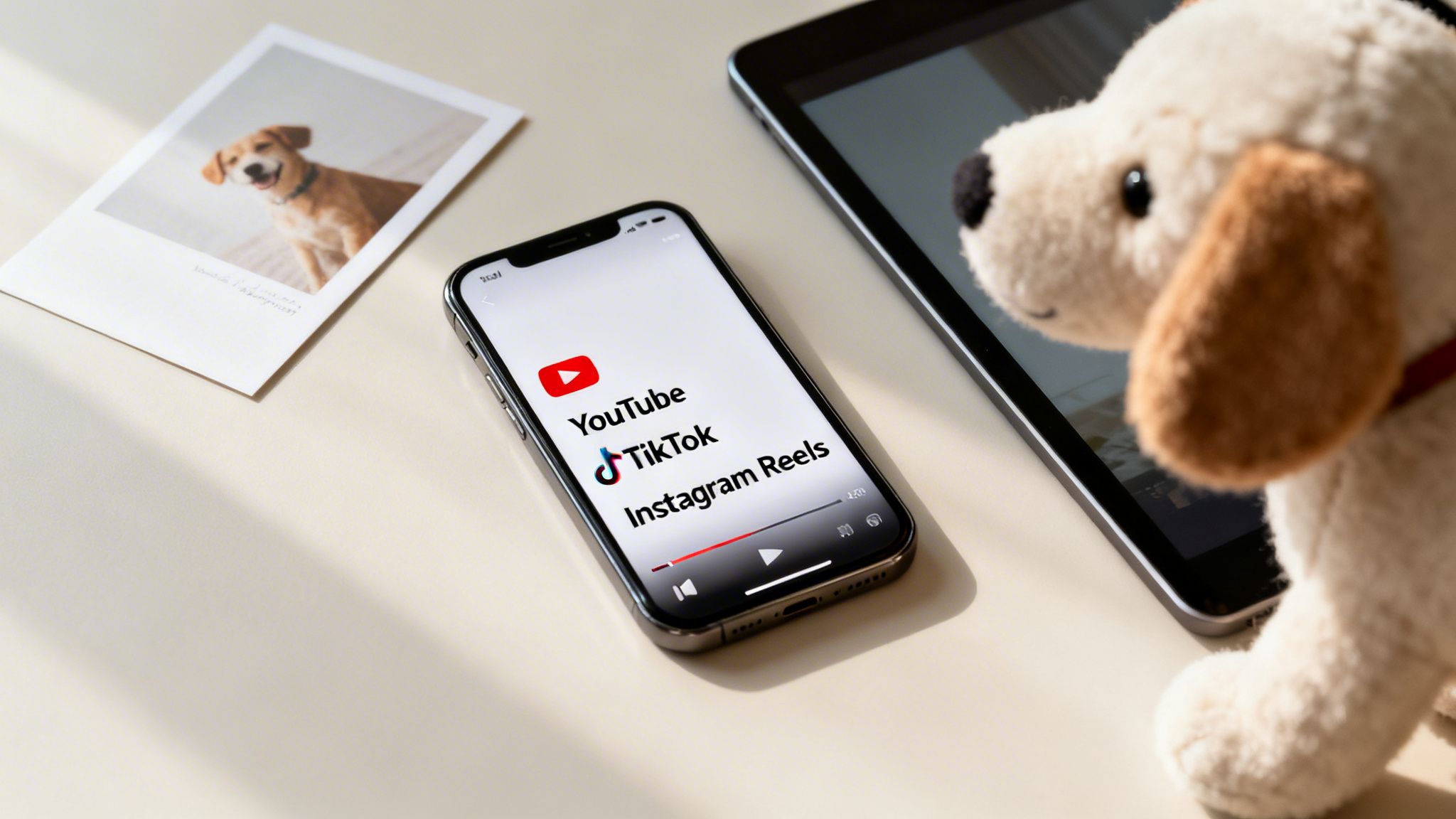 A smartphone screen displays YouTube, TikTok, and Instagram Reels logos, beside a dog photo and plush toy.